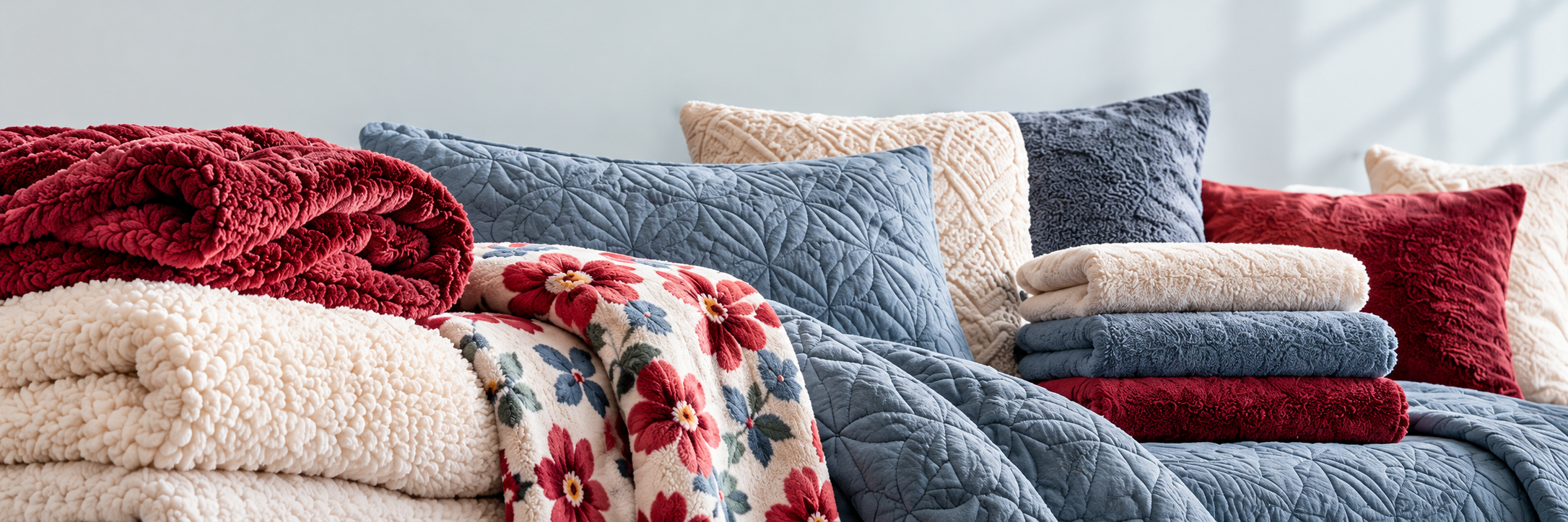 Composición de cobijas, cubrecamas, almohadas y toallas en azul grisáceo, blanco y granate